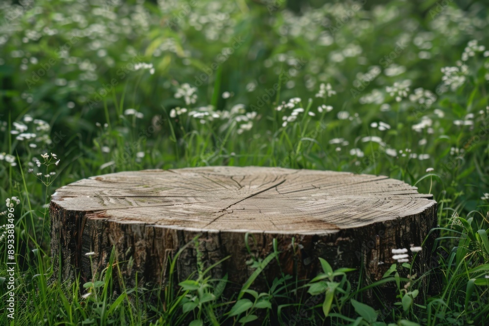 empty green wood trunk stump nature podium stand stage landscape meadow grass background empty green wood trunk stump nature podium stand stage landscape meadow grass background
