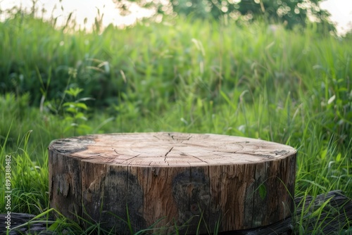 empty green wood trunk stump nature podium stand stage landscape meadow grass background