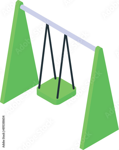 Empty green swing set is waiting for children on a sunny day