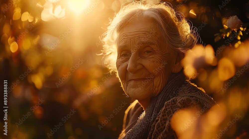 A close-up portrait of a smiling senior woman with warm, golden light illuminating her face. A close-up portrait of a smiling senior woman with warm, golden light illuminating her face.