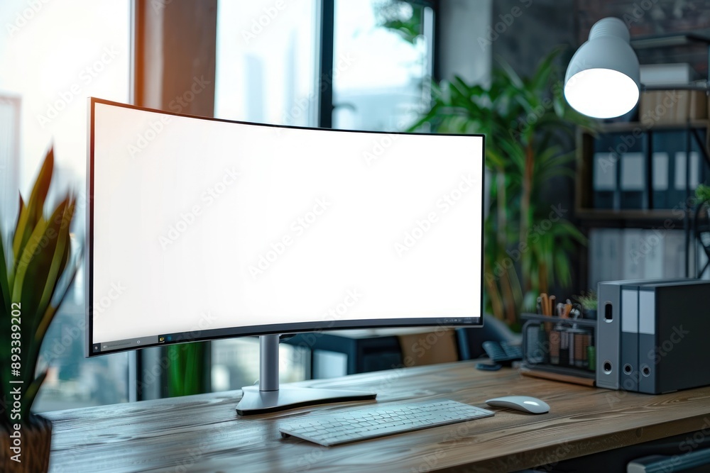 Mockup white screen of ultra-wide curved monitor in office Mockup white screen of ultra-wide curved monitor in office