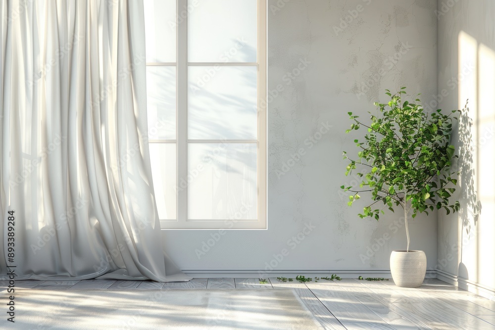 Fototapeta premium modern room with curtains and plant interior design. 3D illustration