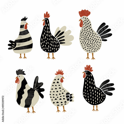 Set of six stylized chickens with unique patterns.