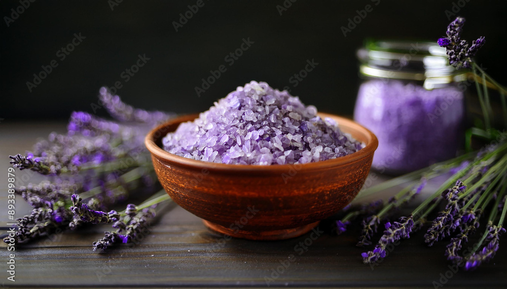Lavender-infused spa salt in ceramic bowl with sprigs of lavender. Natural cosmetic, body care. Lavender-infused spa salt in ceramic bowl with sprigs of lavender. Natural cosmetic, body care.