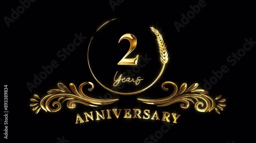 2nd Anniversary Celebration. Happy 2 Years Anniversary Animation in Gold Color on the Transparent Background, Alpha Channel. Great for greetings, celebrations, events, and gifts.