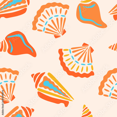 Cute seashells vector seamless pattern. Bright marine repeat surface design with orange scallop and tulip shells in modern hand drawn flat style on light background. Summer nautical illustration