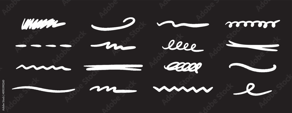 Vector doodle brush lines set. Hand-drawn charcoal smears, strikethroughs, and swirls. Horizontal sketchy wavy strokes Vector doodle brush lines set. Hand-drawn charcoal smears, strikethroughs, and swirls. Horizontal sketchy wavy strokes