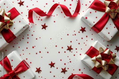 White Gift Boxes With Red Ribbons and Stars