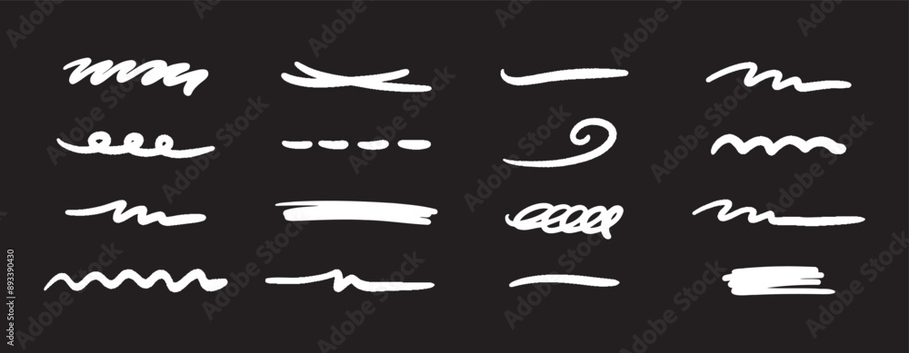 Vector doodle brush lines set. Hand-drawn charcoal smears, strikethroughs, and swirls. Horizontal sketchy wavy strokes Vector doodle brush lines set. Hand-drawn charcoal smears, strikethroughs, and swirls. Horizontal sketchy wavy strokes