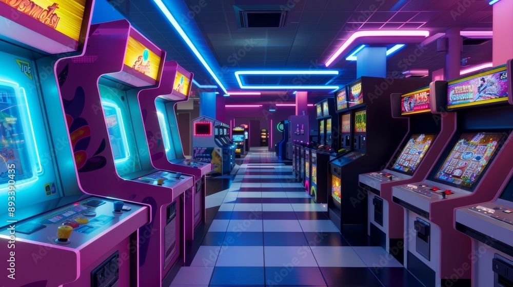 A vibrant, retro-futuristic arcade filled with neon lights, holographic games, and vintage machines A vibrant, retro-futuristic arcade filled with neon lights, holographic games, and vintage machines