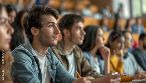 In a lecture hall, college students are engaged in class, listening attentively, taking notes. The diverse group focuses on education, participating in a dynamic learning environment