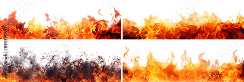 Set of bright and dynamic fire flames, cut out photo