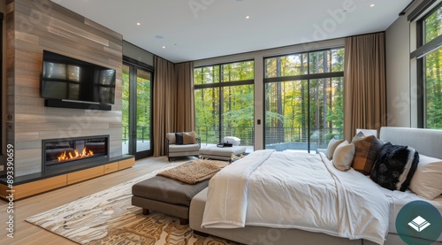 Modern Bedroom With Fireplace and Pool View