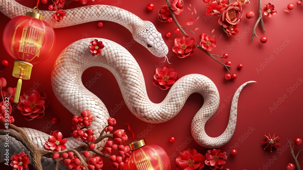 Obraz premium Enchanting White Snake with Festive Red Flowers and Lanterns A Vibrant New Year's Celebration in Stunning Detail