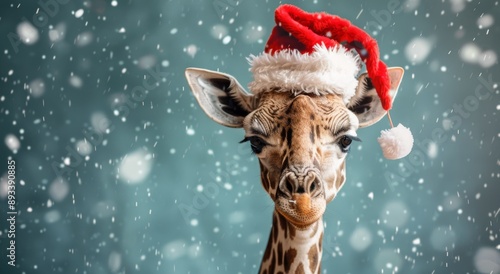 Giraffe Wearing Santa Hat in Snow