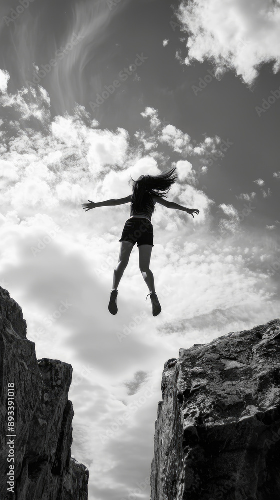 A woman jumps between two rocky cliffs, with her arms outstretched and her hair blowing in the wind A woman jumps between two rocky cliffs, with her arms outstretched and her hair blowing in the wind