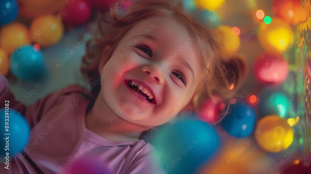 A happy little girl with red hair laughs while playing in a ball pit. A happy little girl with red hair laughs while playing in a ball pit.