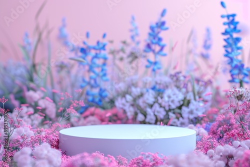 platform and Natural podium background on colorful flowes field for product display, Blank showcase