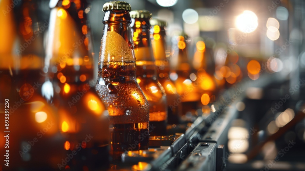 Bottles of beer on a brewery production line. Amber bottles creating a vintage and industrial feel. Perfect for beverage and industrial themes. Bottles of beer on a brewery production line. Amber bottles creating a vintage and industrial feel. Perfect for beverage and industrial themes.