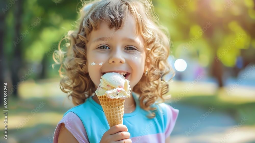 A little girl with curly hair smiles brightly while enjoying an ice cream cone on a sunny day. A little girl with curly hair smiles brightly while enjoying an ice cream cone on a sunny day.