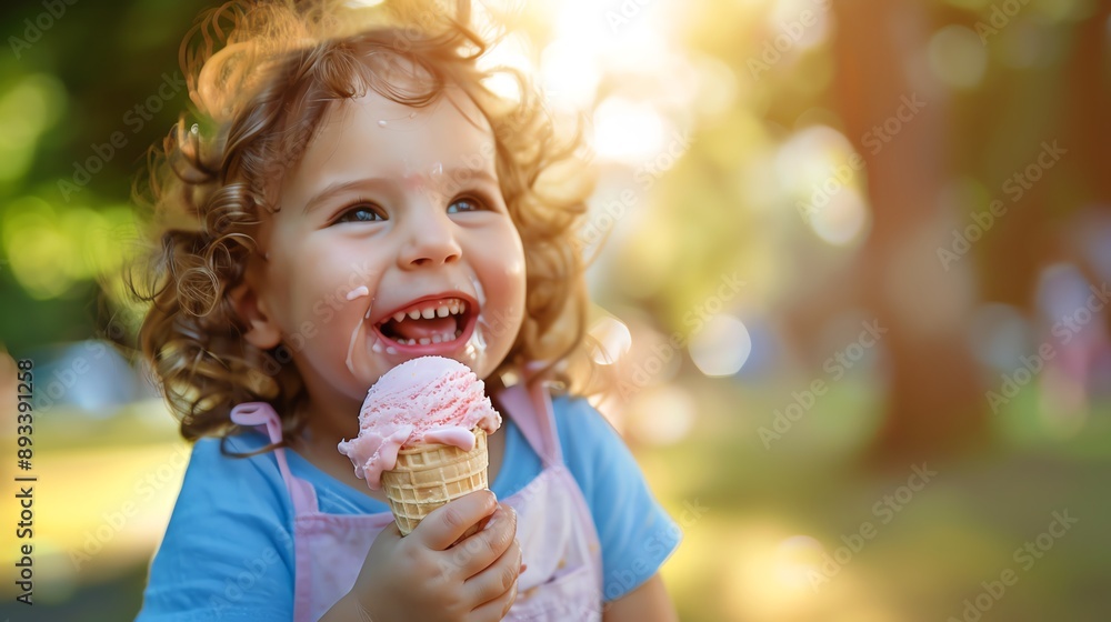 A little girl with curly hair enjoys a delicious ice cream cone on a sunny day. A little girl with curly hair enjoys a delicious ice cream cone on a sunny day.