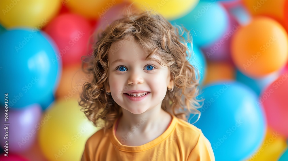 A little girl with curly blonde hair and bright blue eyes smiles joyfully surrounded by colorful balloons. A little girl with curly blonde hair and bright blue eyes smiles joyfully surrounded by colorful balloons.