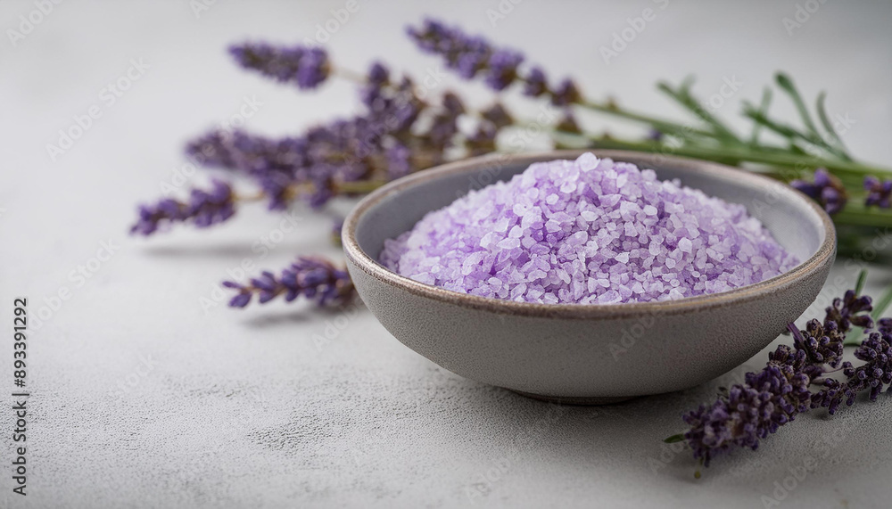 Lavender-infused spa salt in ceramic bowl with sprigs of lavender. Natural cosmetic, body care. Lavender-infused spa salt in ceramic bowl with sprigs of lavender. Natural cosmetic, body care.
