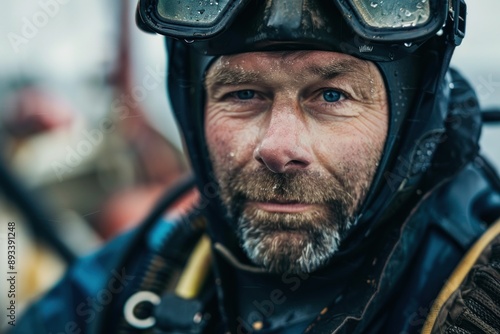 portrait 40 year old person in diving suit