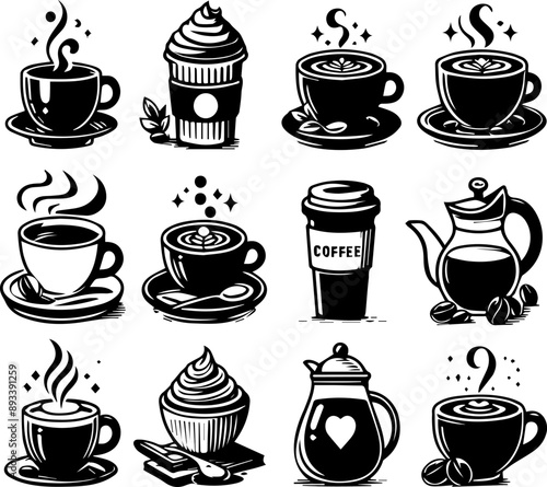 black and white coffee shop icons and attributes