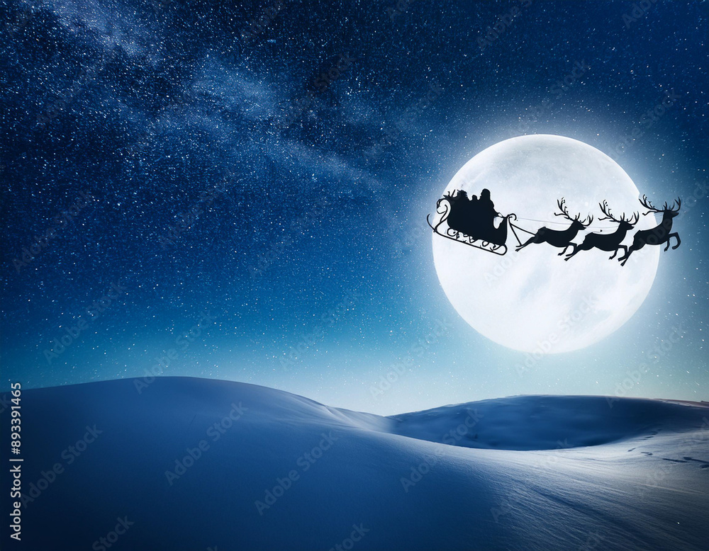Silhouette of Santa Claus on the sleigh pulled by reindeer flying in the moonlight, 3d illustration Silhouette of Santa Claus on the sleigh pulled by reindeer flying in the moonlight, 3d illustration