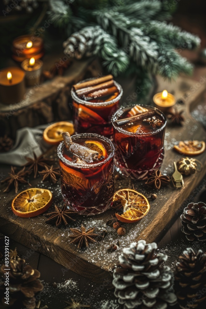 Fototapeta premium Rustic Winter Warmth: Hot Mulled Wine with Spices and Herbs in Cozy Setting