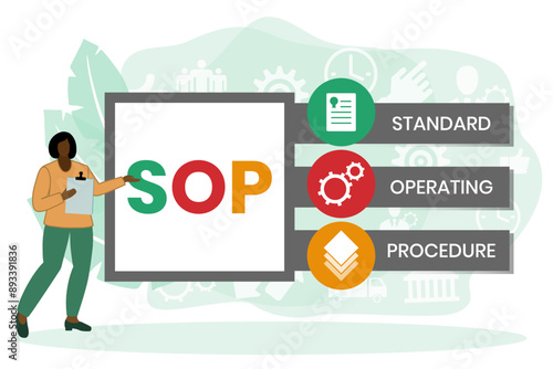 SOP, Standard Operating Procedure. Concept with keywords, letters and icons. Colored flat vector illustration. Isolated on white background