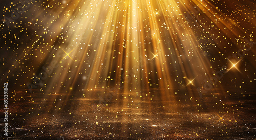 Golden Light Beams Shining with Sparkling Particles, Creating a Magical and Ethereal Atmosphere with Warm Glow for Elegant Backgrounds and Decorative Designs