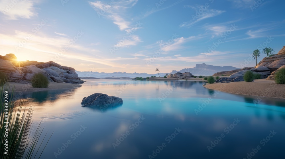 Fototapeta premium An isolated oasis in a vast, shimmering desert with crystalline water and exotic, luminous plants.