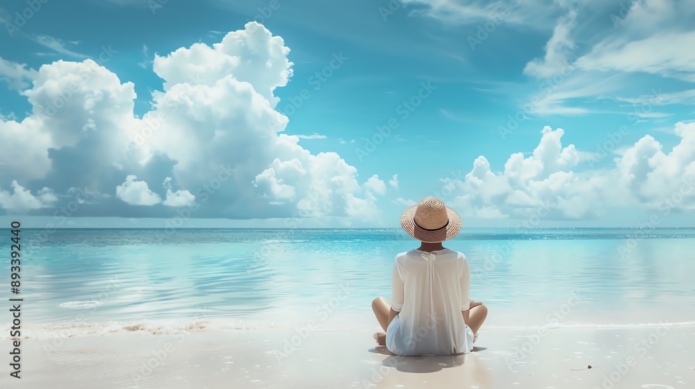 A lone figure sits on a sandy beach, gazing out at the clear blue ocean under a bright sky with fluffy white clouds. A lone figure sits on a sandy beach, gazing out at the clear blue ocean under a bright sky with fluffy white clouds.
