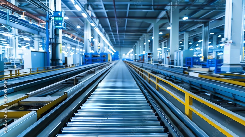A long, empty conveyor belt runs through a modern factory, highlighting the efficient flow of production. A long, empty conveyor belt runs through a modern factory, highlighting the efficient flow of production.