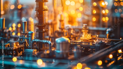 A miniature model of an industrial complex with glowing lights, showcasing intricate details and the bustling nature of manufacturing. photo