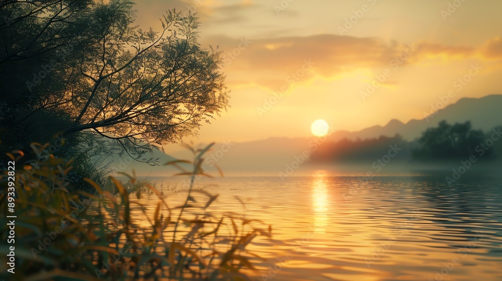 A serene sunset over a calm lake, with a lone tree in the foreground and misty mountains in the distance. A serene sunset over a calm lake, with a lone tree in the foreground and misty mountains in the distance.