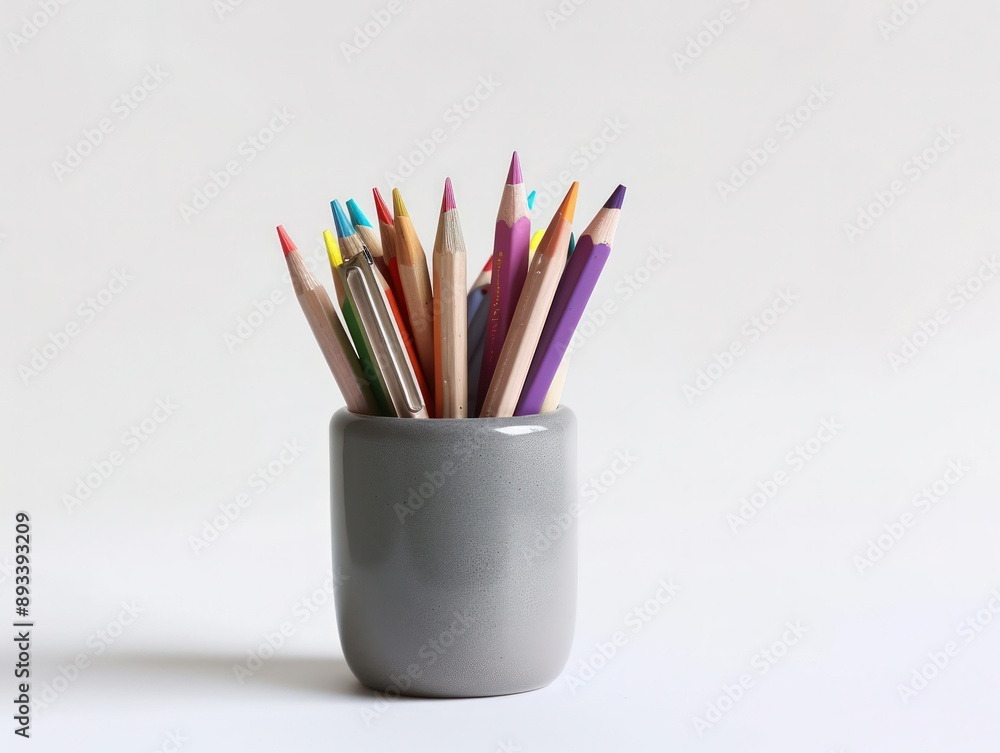 Studio-lit photo of grey pencil pot with stationery, ideal for educational content. Studio-lit photo of grey pencil pot with stationery, ideal for educational content.