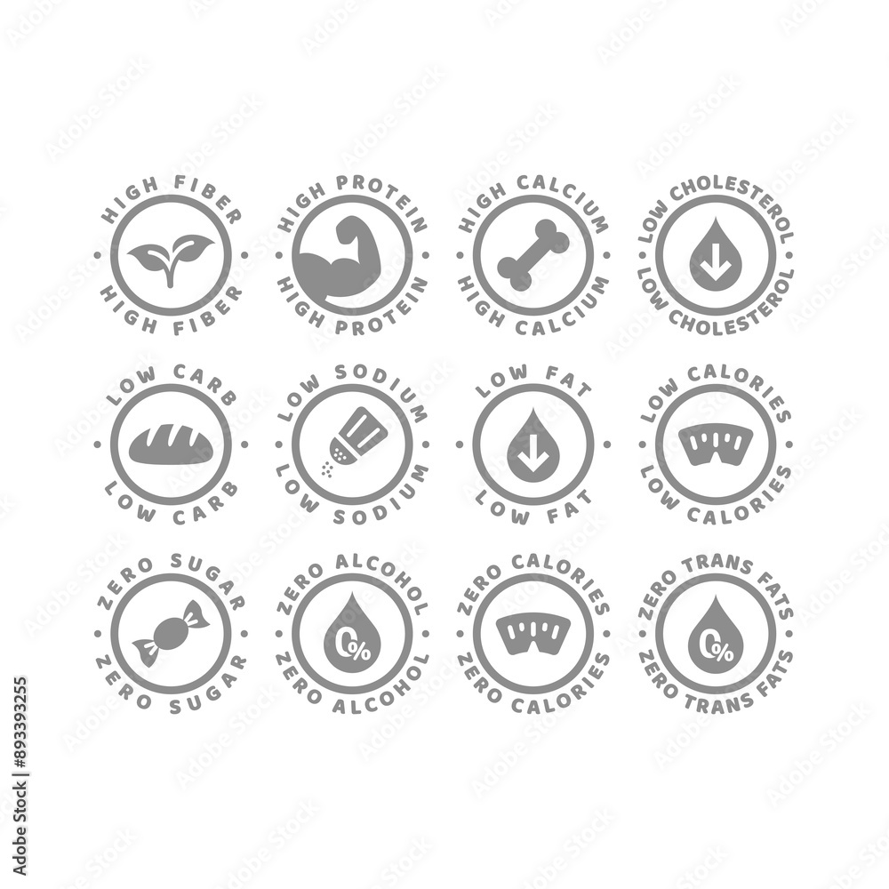 High protein, low fats and zero alcohol label set. Low carb, high fiber and calcium vector labels. High protein, low fats and zero alcohol label set. Low carb, high fiber and calcium vector labels.