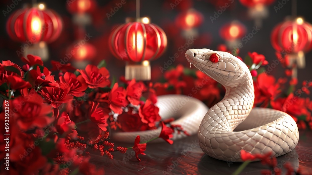 Fototapeta premium Serpentine Elegance White Snake Amidst Vibrant New Year Festivities High Resolution Stock Image