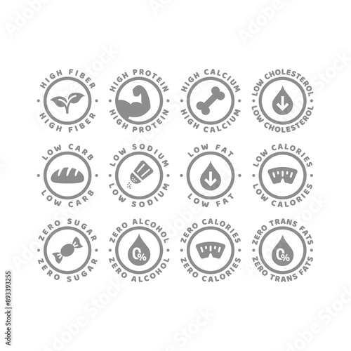 High protein, low fats and zero alcohol label set. Low carb, high fiber and calcium vector labels.