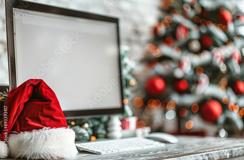 Santa Hat On Desk With Computer