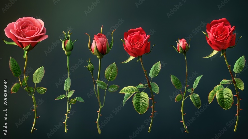 Fototapeta premium A red rose bush with blooms at various stages, showcasing the life cycle of the flower.