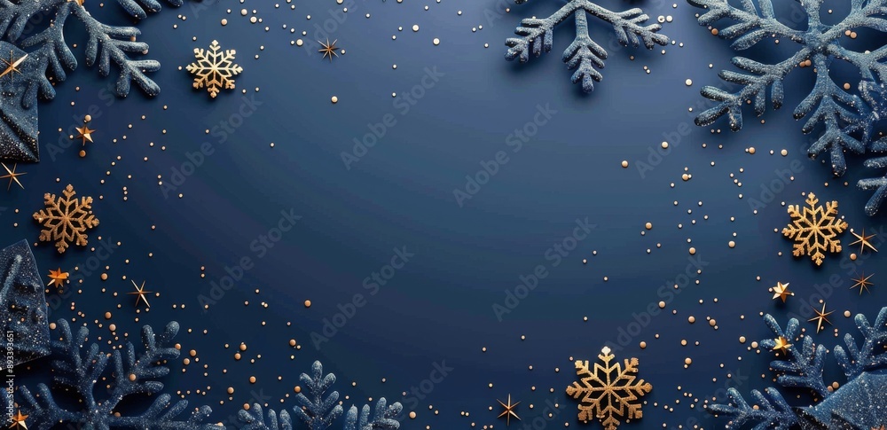 Gold Snowflakes on Dark Blue Background Gold Snowflakes on Dark Blue Background