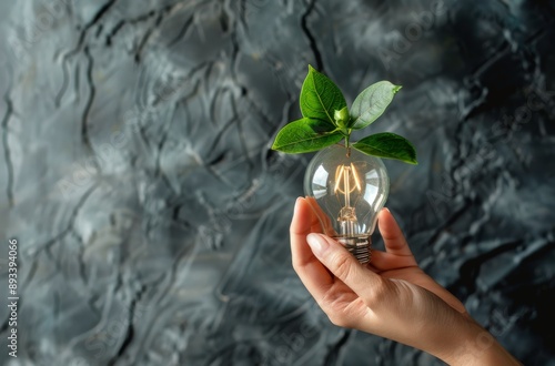 Hand Holding Light Bulb With Green Plant