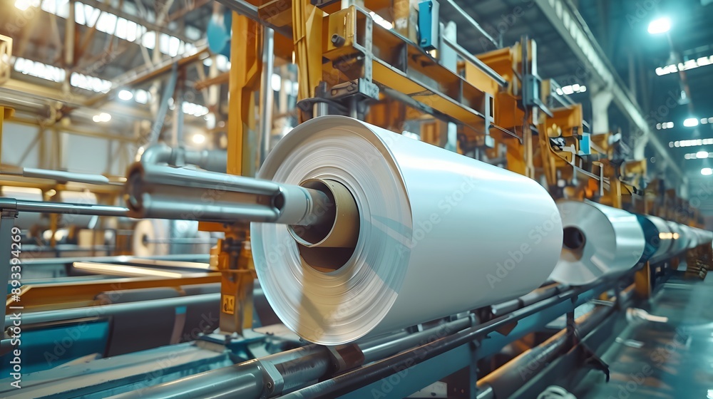 A large roll of white paper is passing through machinery in an industrial setting A large roll of white paper is passing through machinery in an industrial setting