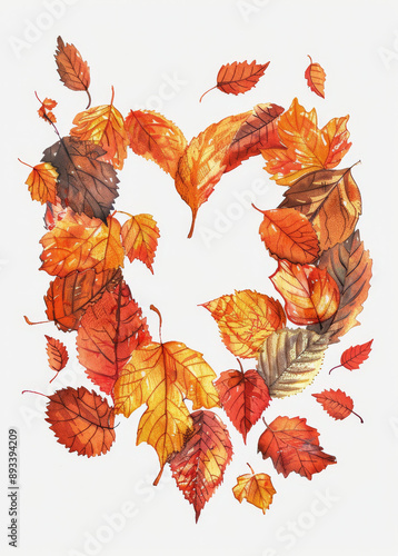 Autumn Leaves Heart Shape Watercolor