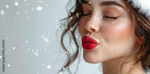Woman Wearing Santa Hat Blowing Kiss