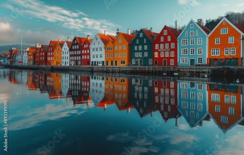 Colorful Houses Reflected in Calm Water, Norway